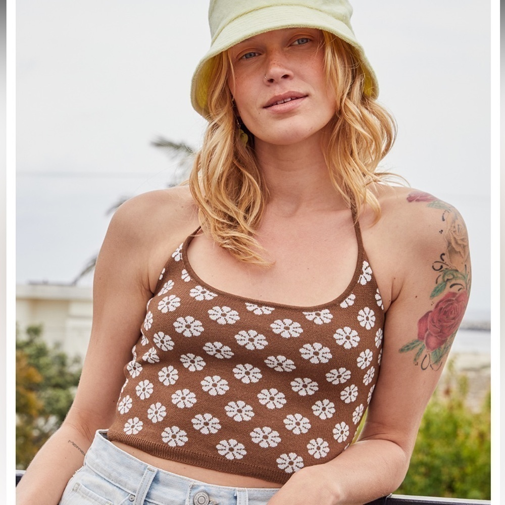 NWT RSQ Brown Floral Sweater Knit Cropped Halter Top